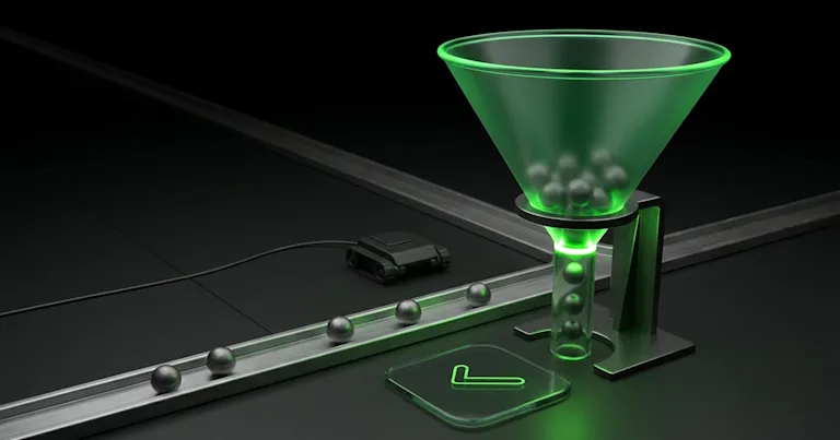 A glowing green funnel sorts metal spheres on a track to prove Agentic Commerce ROI with an Estimated Delivery