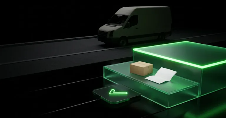 A white van and parcel on glowing green steps show estimated delivery date accuracy for live shopping