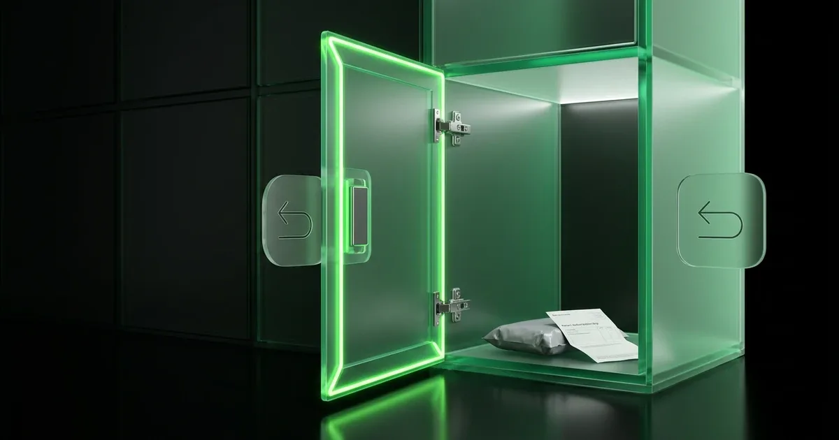 A package rests inside a glowing green locker for AI Agent Returns Liability