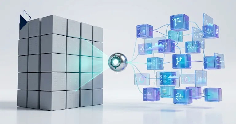 Gray cubes transform to blue data cubes, for AI Carrier Selection: Routing on Live Performance Data — Read on for t.