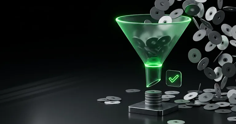 A glowing green funnel filters discs for AI Commerce vs. Forecasts: The Real Numbers