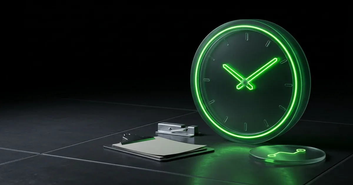 A glowing green neon clock sits by a clipboard for AI Delivery Prediction: Why Carrier ETAs Fail