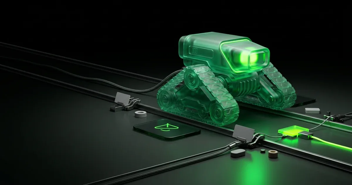 A glowing green tracked robot represents UCP and AI Discoverability: The New E-commerce Visibility