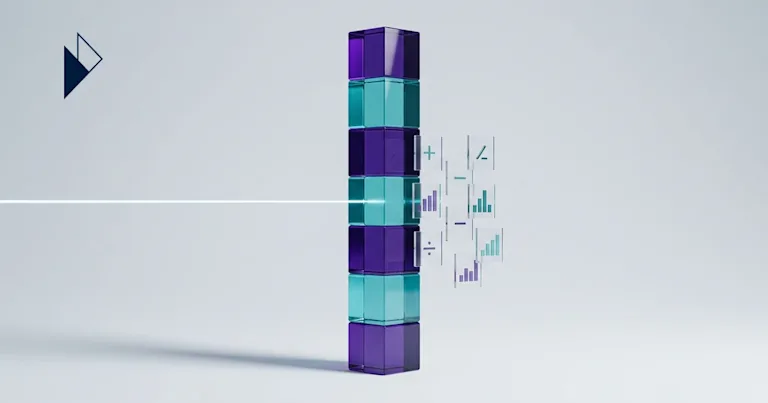 Stacked purple and teal glass cubes with math icons depict AI in Ecommerce Analytics: What's Actually Useful in 2026.