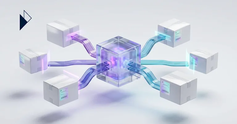 AI Order Management: Real-Time Rerouting for E-commerce: a glowing central cube links several white boxes via bright purple a
