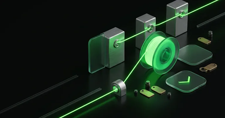 A glowing green line threads a spool and metal blocks in Agentic Checkout: Tracking AI Referral
