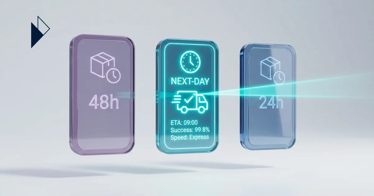 Purple, teal, and blue glass panels show shipping data for AI Search Visibility: Why Delivery Data Wins the Sale.