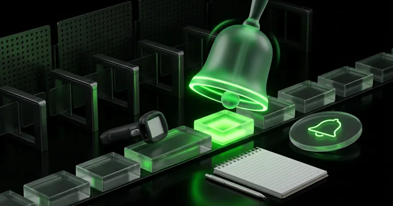 A glowing green bell rings on a conveyor to Automate E-commerce Delay Alerts Without Manual Updates beside