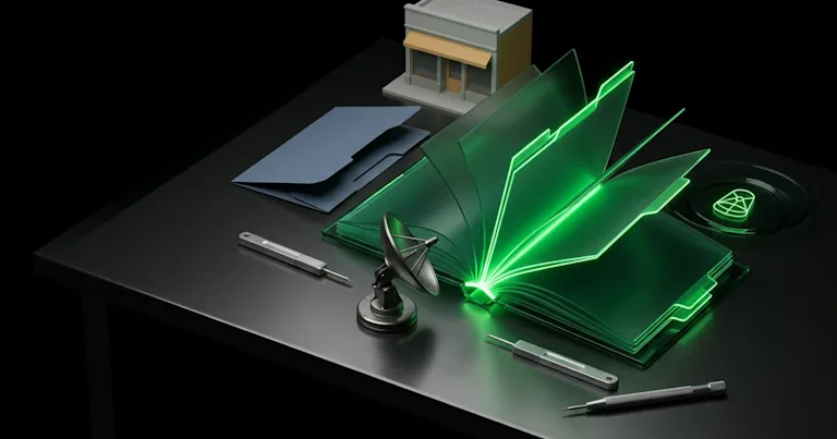 A glowing green book, satellite dish, and store depict best AI search visibility and tracking tools