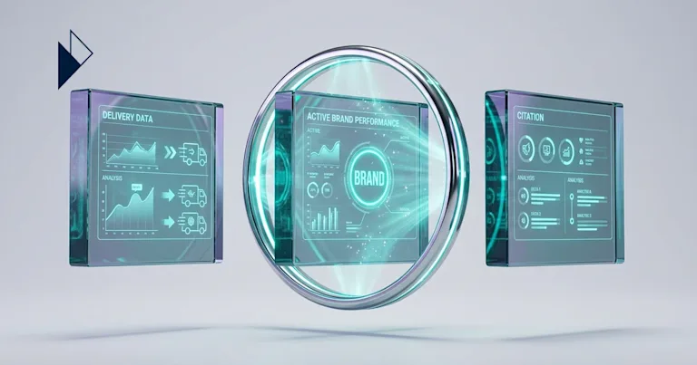 Teal glass screens display the Best AI Visibility Tools for E-commerce Brands: 2026 Guide in a floating glowing space.