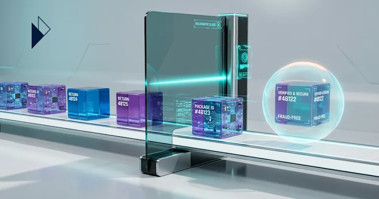 Best Ecommerce Returns Management Solutions with Fraud Prevention scan purple and blue cubes on a white conveyor belt.