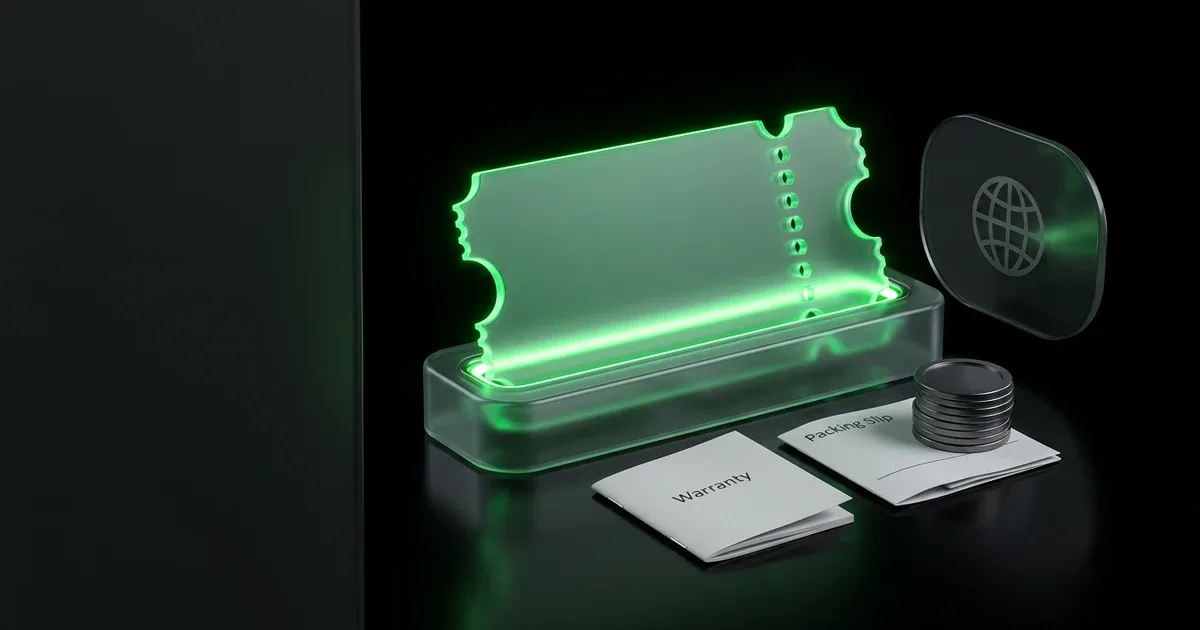 A glowing green ticket beside warranty slips for best post-purchase tracking platforms for e-commerce