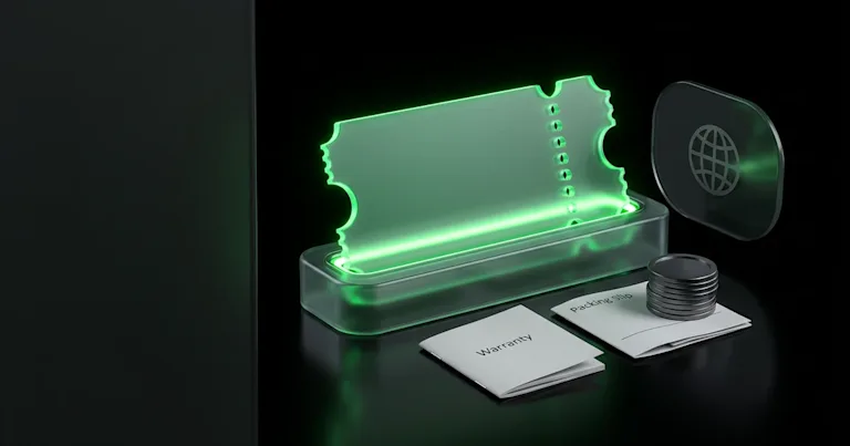 A glowing green ticket beside warranty slips for best post-purchase tracking platforms for e-commerce