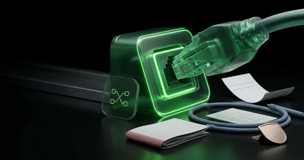 Carrier Integration Blueprint: Scale Multi-Carrier Logistics & Avoid B. Glowing green ethernet, network icon, papers