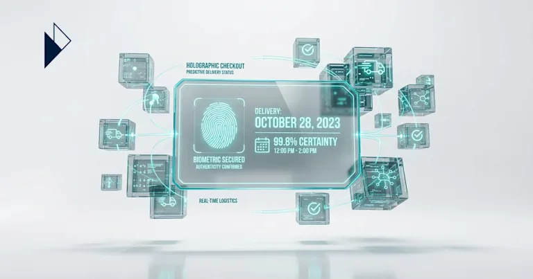 Teal glass cubes orbit a biometric screen in Checkout Optimization Playbook for Ecommerce 2026 | Parcel Perform.