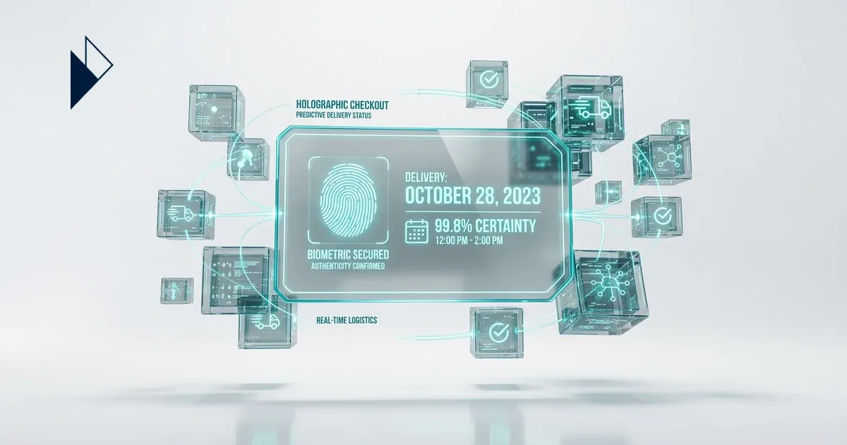 Teal glass cubes orbit a biometric screen in Checkout Optimization Playbook for Ecommerce 2026 | Parcel Perform.