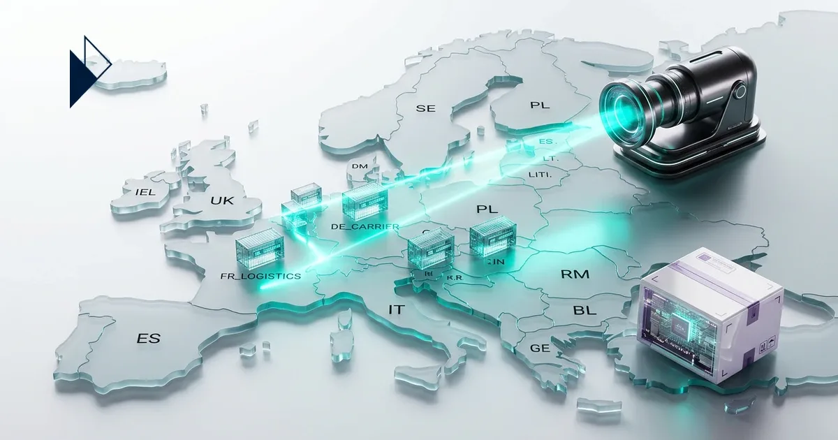 Chaotic gray cubes become glowing blue/purple elements, explaining Cross-Border Ecommerce: Why AI Ignores Your Brand in Europ