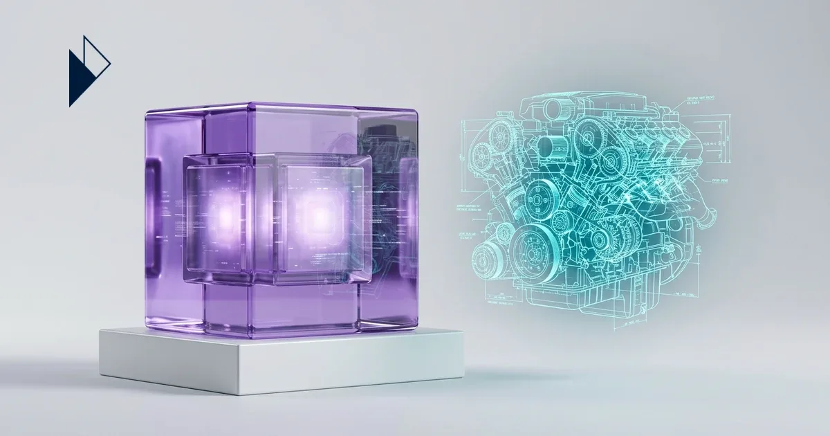 Purple glass cubes on a grey pedestal by a teal engine; Customer Retention Management Systems: Build vs Buy in E-commerce.