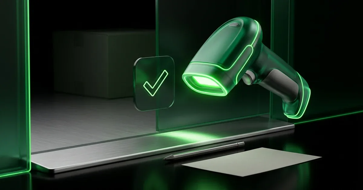 A green scanner and checkmark show last mile delivery proof needed for delivery-triggered payments by a box