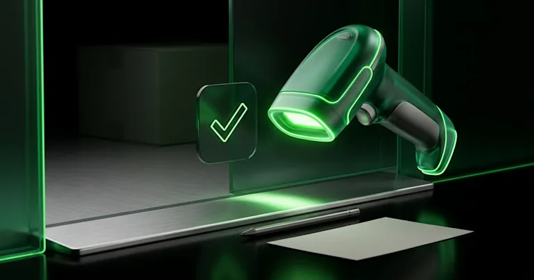 A green scanner and checkmark show last mile delivery proof needed for delivery-triggered payments by a box