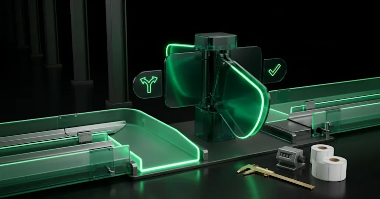 A glowing green turnstile sorts conveyor tracks for Carrier Performance: Bypassing Last-Mile