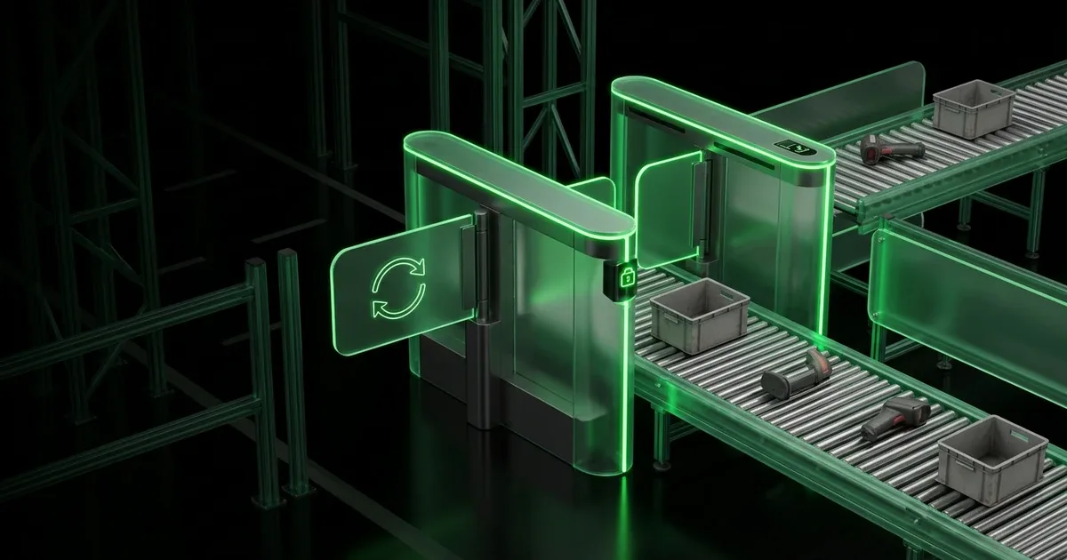 Green neon turnstiles stand by conveyor belts, managing suspended carrier SLAs during peak