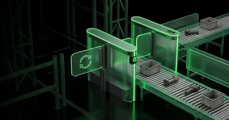 Green neon turnstiles stand by conveyor belts, managing suspended carrier SLAs during peak