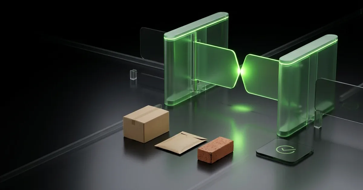 A glowing green gate checks a box and brick for Return Fraud: Stopping First-Scan Refund Abuse |