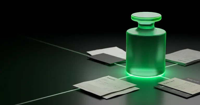 A glowing green weight sits beside invoices for E-commerce Returns Management