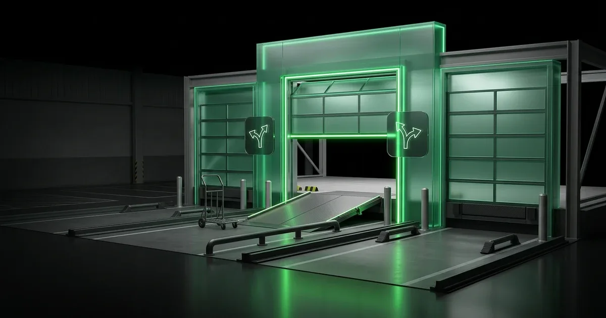 A futuristic green neon loading dock for Automating Multi-Node Return Routing for E-commerce
