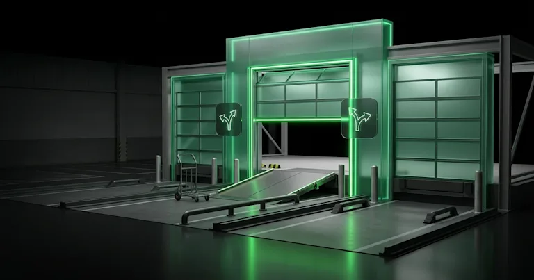 A futuristic green neon loading dock for Automating Multi-Node Return Routing for E-commerce