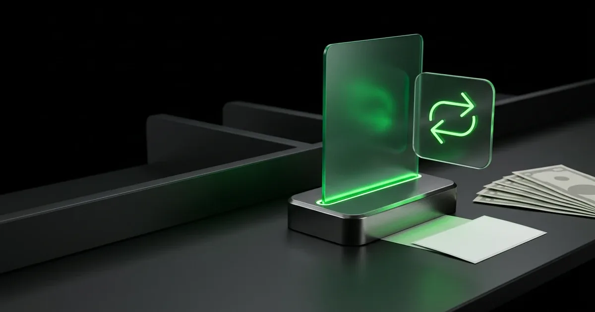 A glowing green display for returns automation: turn cash refunds into store credit beside paper