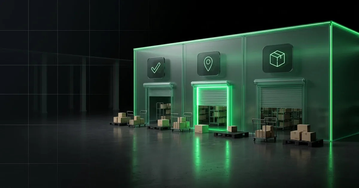 Boxes sit outside green neon warehouse bays for Multi-Carrier Tracking: Unifying E-commerce Split