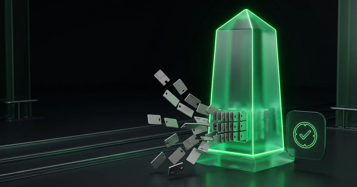 Data cards enter a glowing green obelisk for multi-carrier tracking: syncing regional carrier