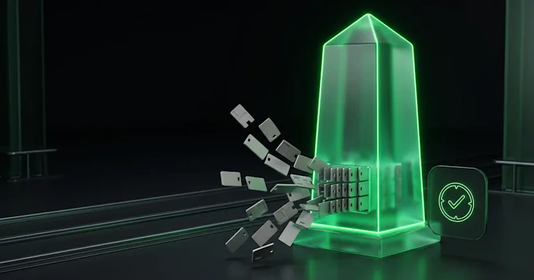 Data cards enter a glowing green obelisk for multi-carrier tracking: syncing regional carrier
