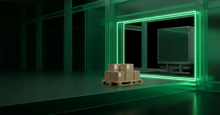 Cardboard boxes on a pallet by a truck in a green dock for WISMO Prevention