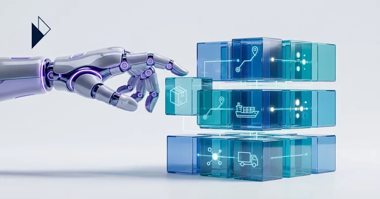 A robotic hand interacts with logistics data cubes illustrating Agentic Commerce: Why Logistics Data Decides If AI Agents Buy