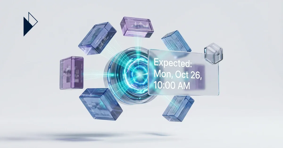 Blue core, cubes, a panel showing "Expected: Mon, Oct 26, 10:00 AM", Ecommerce AI Delivery Prediction: Accurate Promise Dates