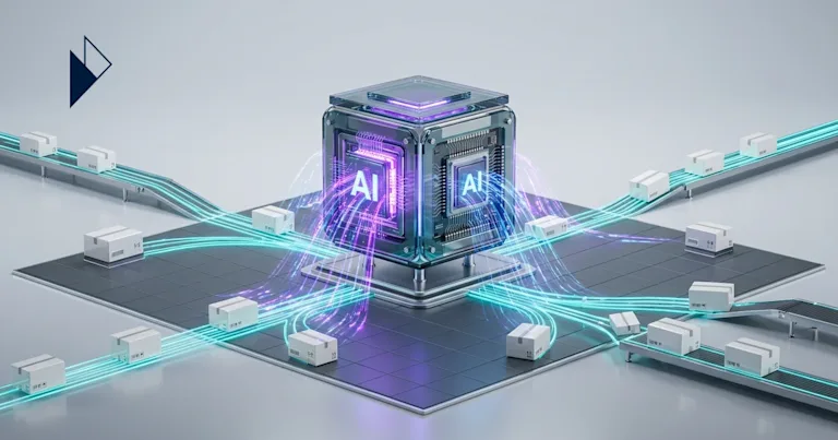 A futuristic AI cube orchestrates white boxes on conveyor belts with glowing lines for AI Order Management: Predictive Routin