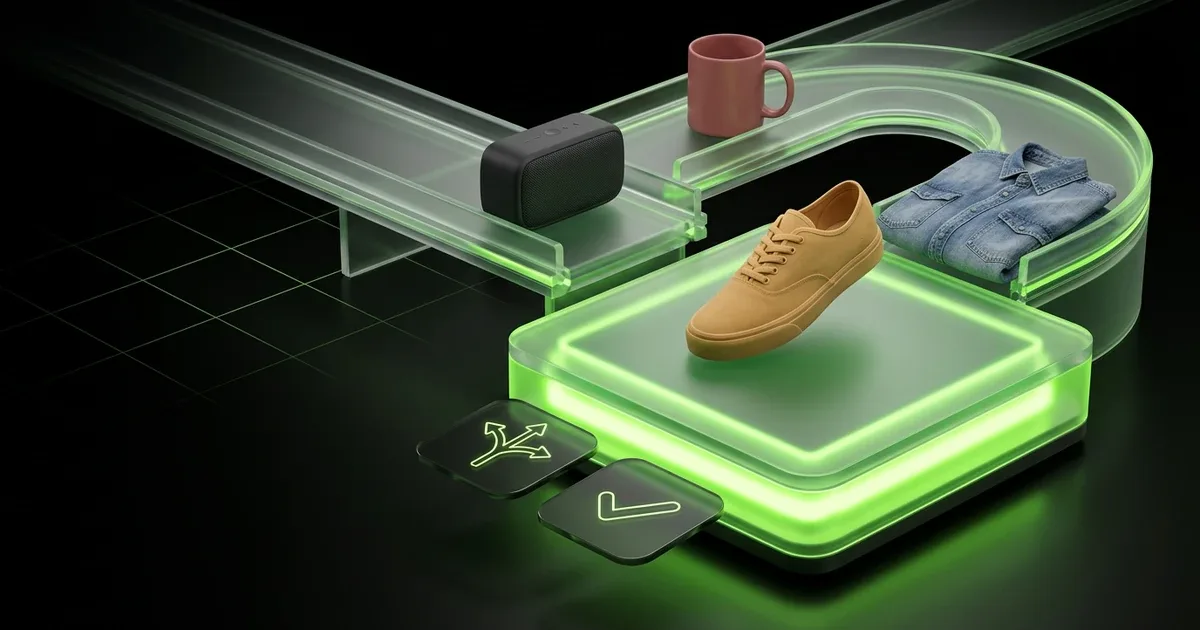 A futuristic AI cube orchestrates white boxes on conveyor belts with glowing lines for AI Order Management: Predictive Routin