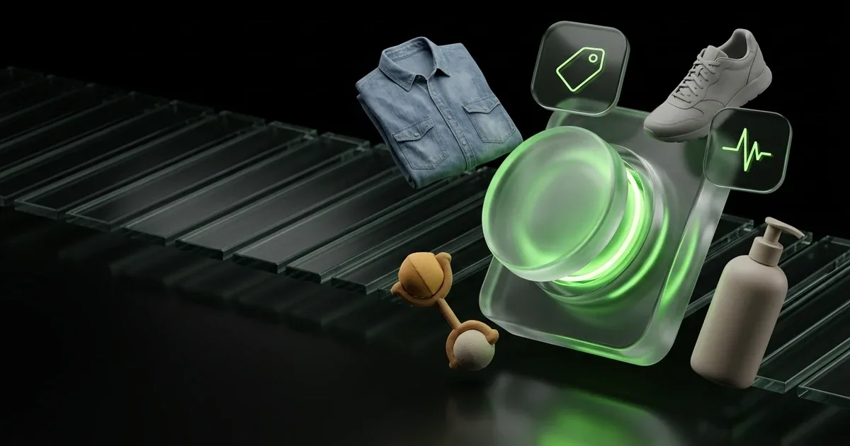 A central metallic, glowing cube processes data from floating blue cubes, connecting to a delivery status screen, illustratin