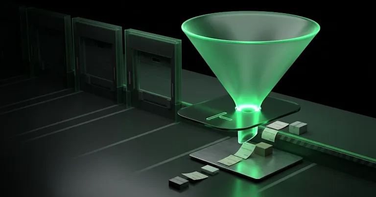 A green funnel scans warehouse boxes in e-commerce logistics optimization strategies