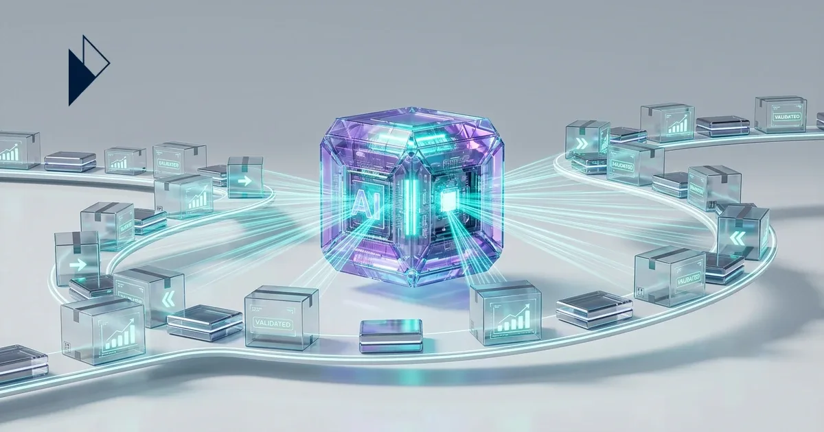 A central glowing AI cube processes clear boxes on a circular path, for Ecommerce AI Returns Management: Cut Reverse Logistic