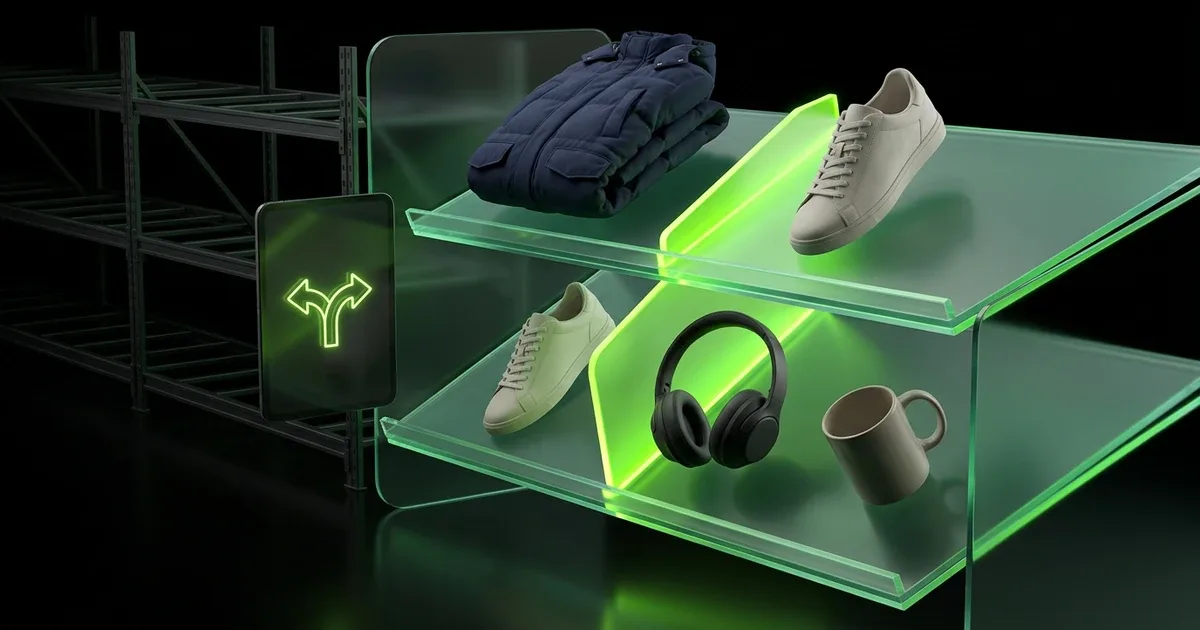 A central glowing AI cube processes clear boxes on a circular path, for Ecommerce AI Returns Management: Cut Reverse Logistic