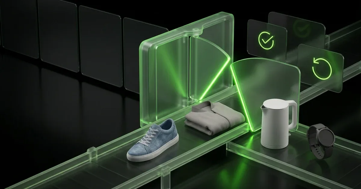 Products on a green glowing conveyor belt with process icons, reflecting Generative Engine Optimization for E-commerce AI