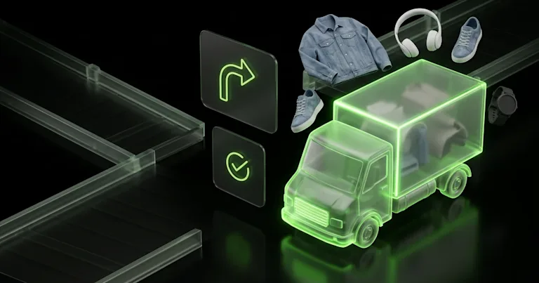 Glowing green truck, e-commerce items on track, neon icons depict E-commerce Logistics
