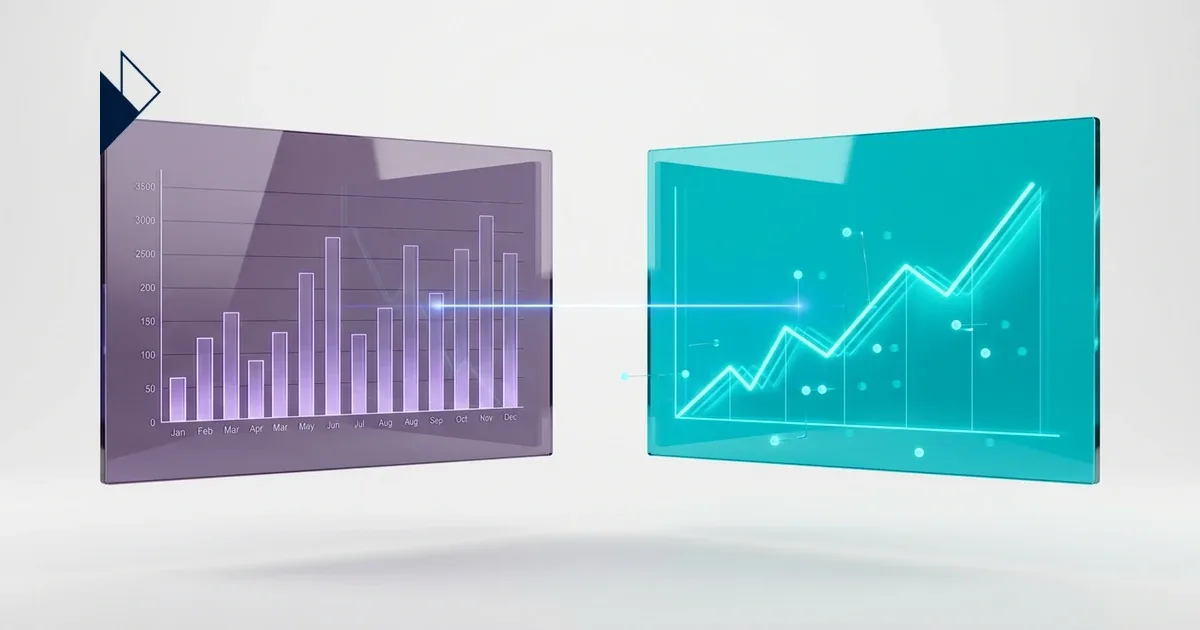 Purple bar charts and teal line graphs show Ecommerce BI vs Analytics: Choosing the Right Data Stack on glass panes.