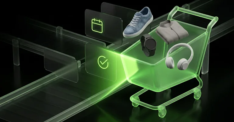 Green-glowing E-commerce Checkout Optimization: AI Evaluates Delivery Details: a cart with items