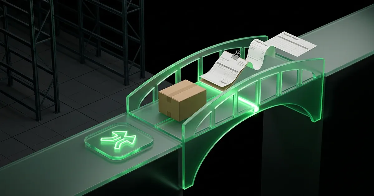 A glowing green path, box, and documents represent a Branded Tracking Page, fixing Cross-Border Tracking Black