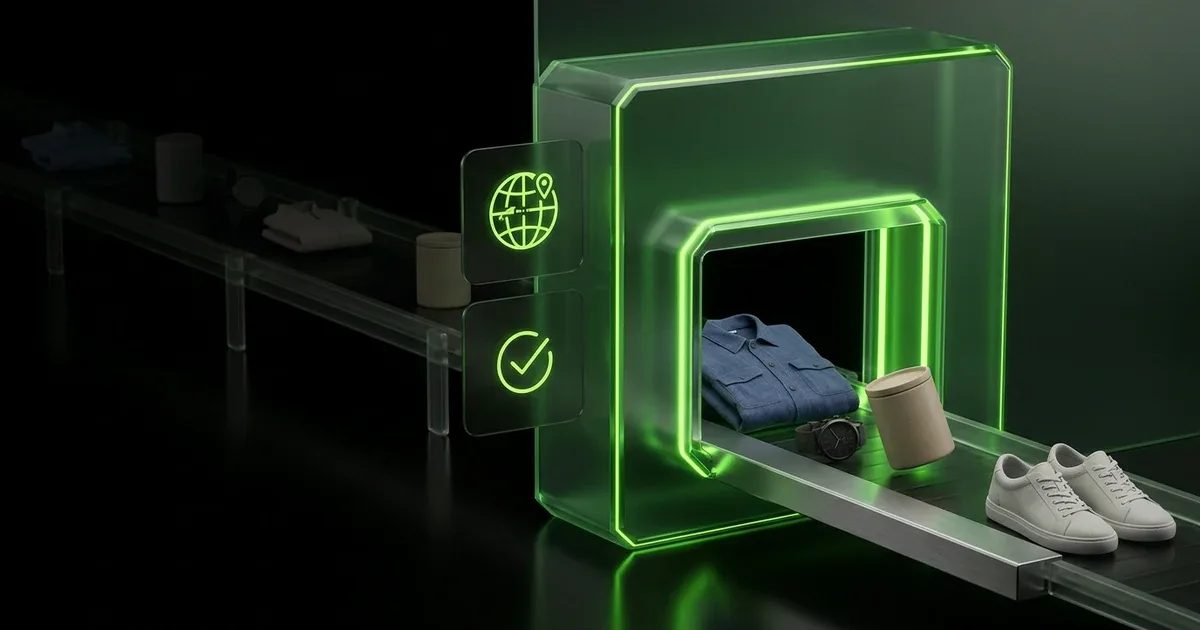 Green-lit conveyor, items, scanner, globe & check icons; Cross-Border WISMO